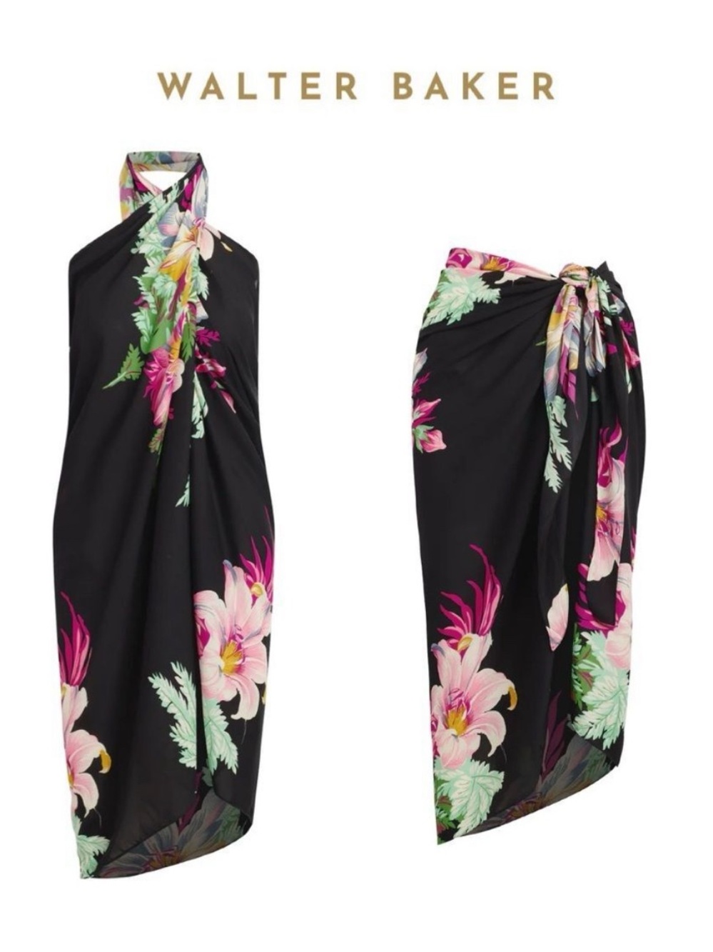 Walter Baker Black Floral Swim Sarong with Pink & Green Blooms